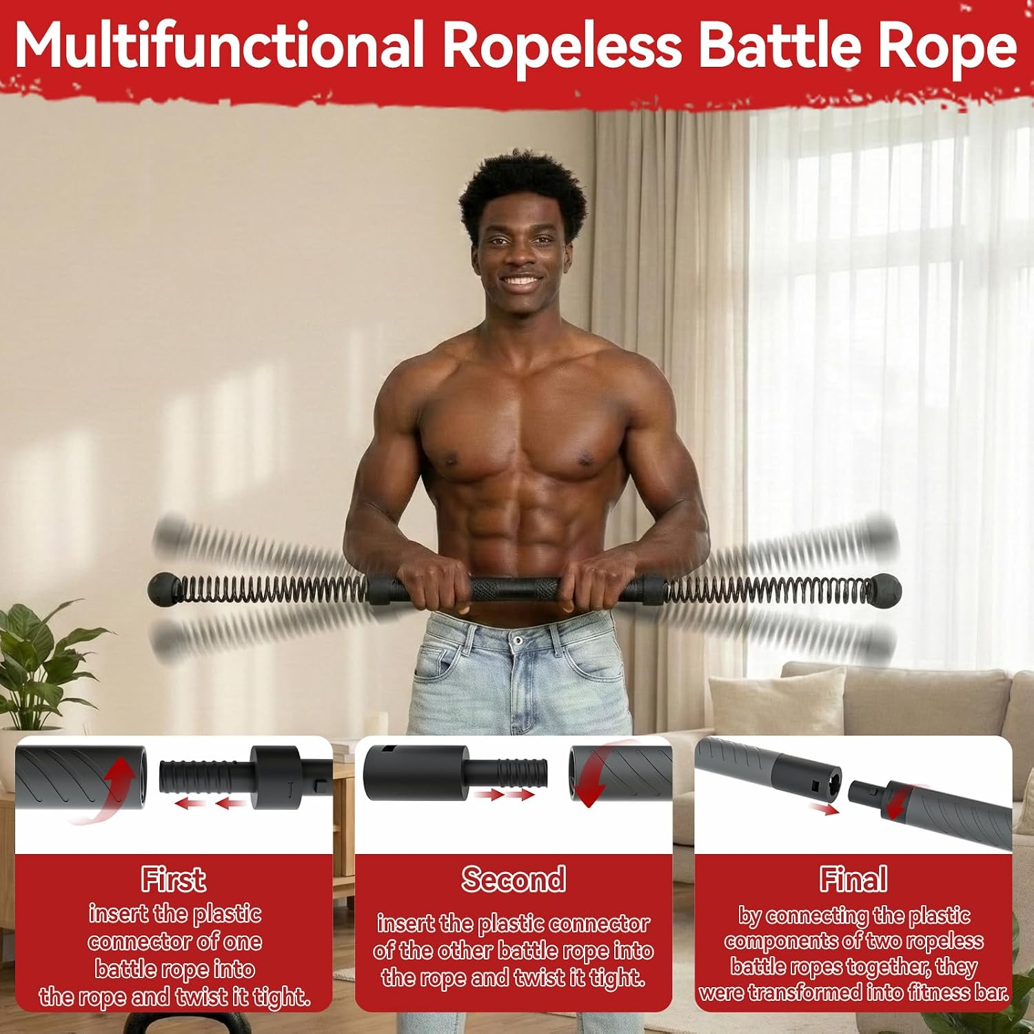 Home Gym Full Body - 2-in-1 Upgraded Cordless Battle Rope Power